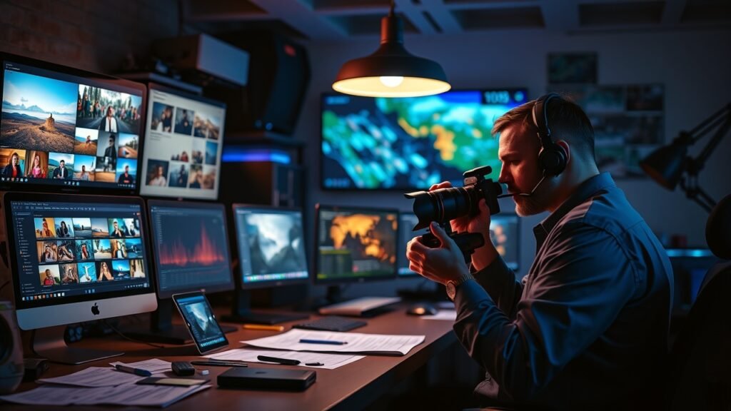 A vibrant digital workspace with glowing screens displaying colorful image thumbnails, scattered notes, and a focused strategist adjusting a camera lens under soft overhead lighting., No infographics and no text