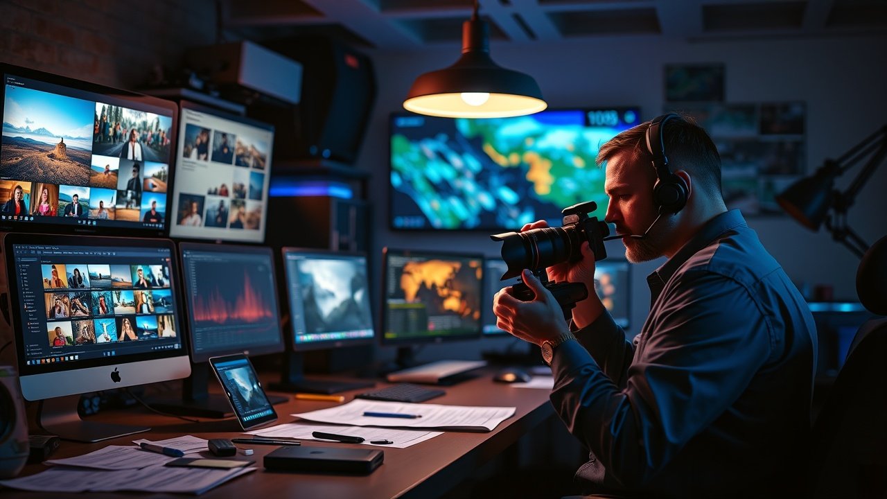 A vibrant digital workspace with glowing screens displaying colorful image thumbnails, scattered notes, and a focused strategist adjusting a camera lens under soft overhead lighting., No infographics and no text