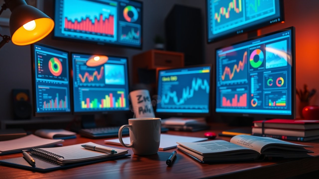 A vibrant digital workspace with glowing screens displaying colorful charts, scattered notebooks, and a steaming coffee mug under warm desk lamp light., No infographics and no text