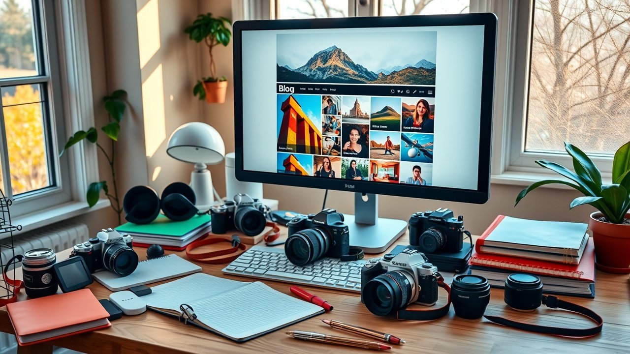 A vibrant home office desk cluttered with cameras, notebooks, and a large computer screen displaying colorful blog images under warm daylight filtering through windows., No infographics and no text