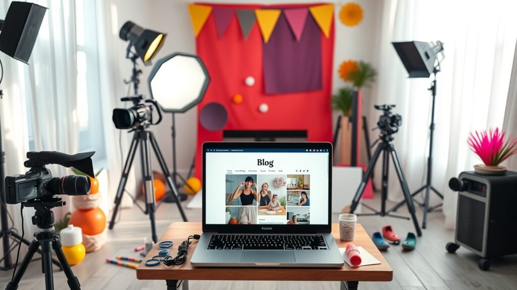 A vibrant studio setup with a photographer adjusting lights around a laptop displaying a blog interface, surrounded by colorful props and camera equipment under soft natural light., No infographics and no text