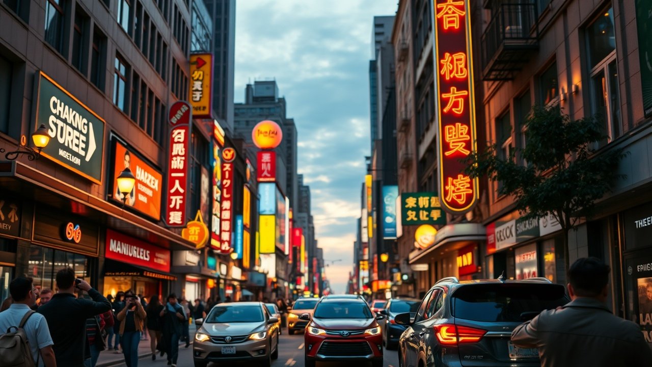 A vibrant urban street at dusk with neon signs glowing, photographers capturing bustling crowds under golden hour light, detailed architecture and passing cars in sharp focus., No infographics and no text