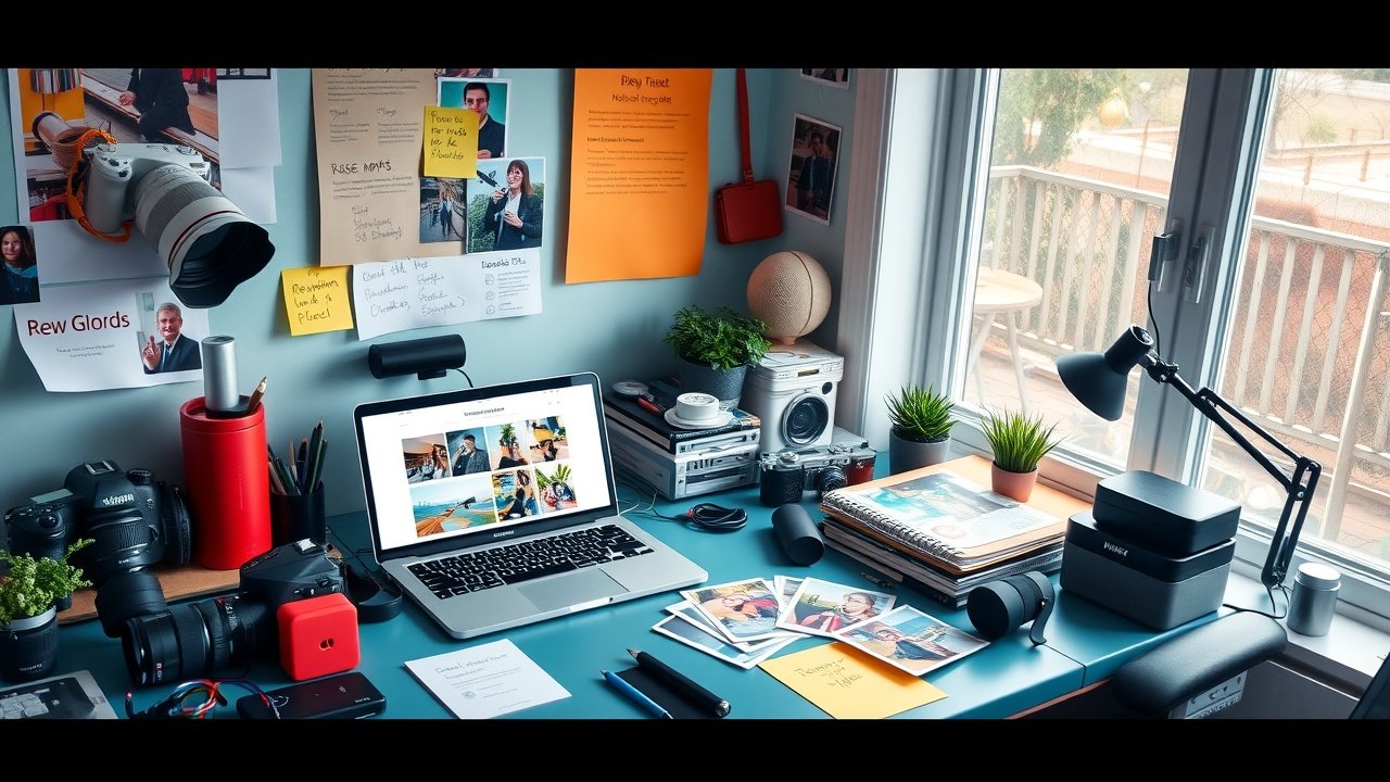 A vibrant workspace desk cluttered with photography gear, laptop displaying blog layout, natural window light illuminating colorful image prints and SEO keyword notes., No infographics and no text