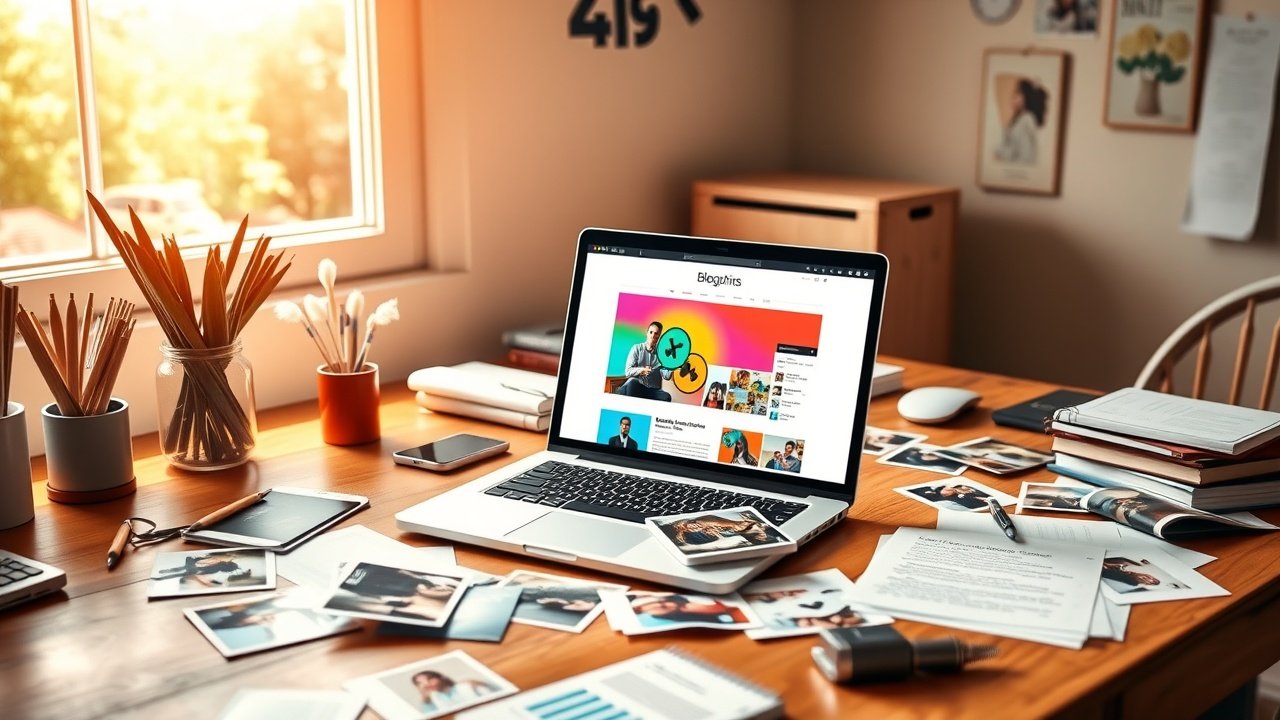 A vibrant workspace with a laptop displaying a colorful blog interface, scattered photographs and notes on wooden desk, warm sunlight streaming through window, evoking creative content planning., No infographics and no text