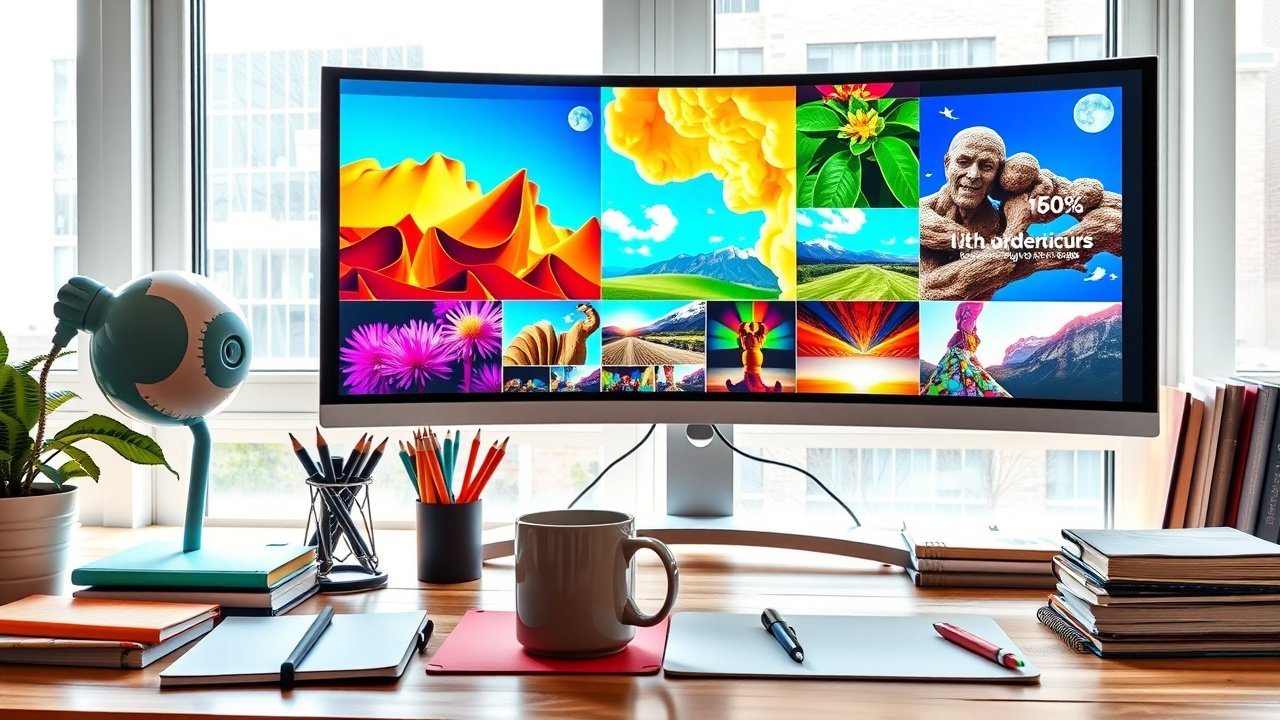 A vibrant workspace with a large monitor displaying colorful image edits, surrounded by notebooks, coffee mug, and natural window light illuminating a creative desk setup., No infographics and no text