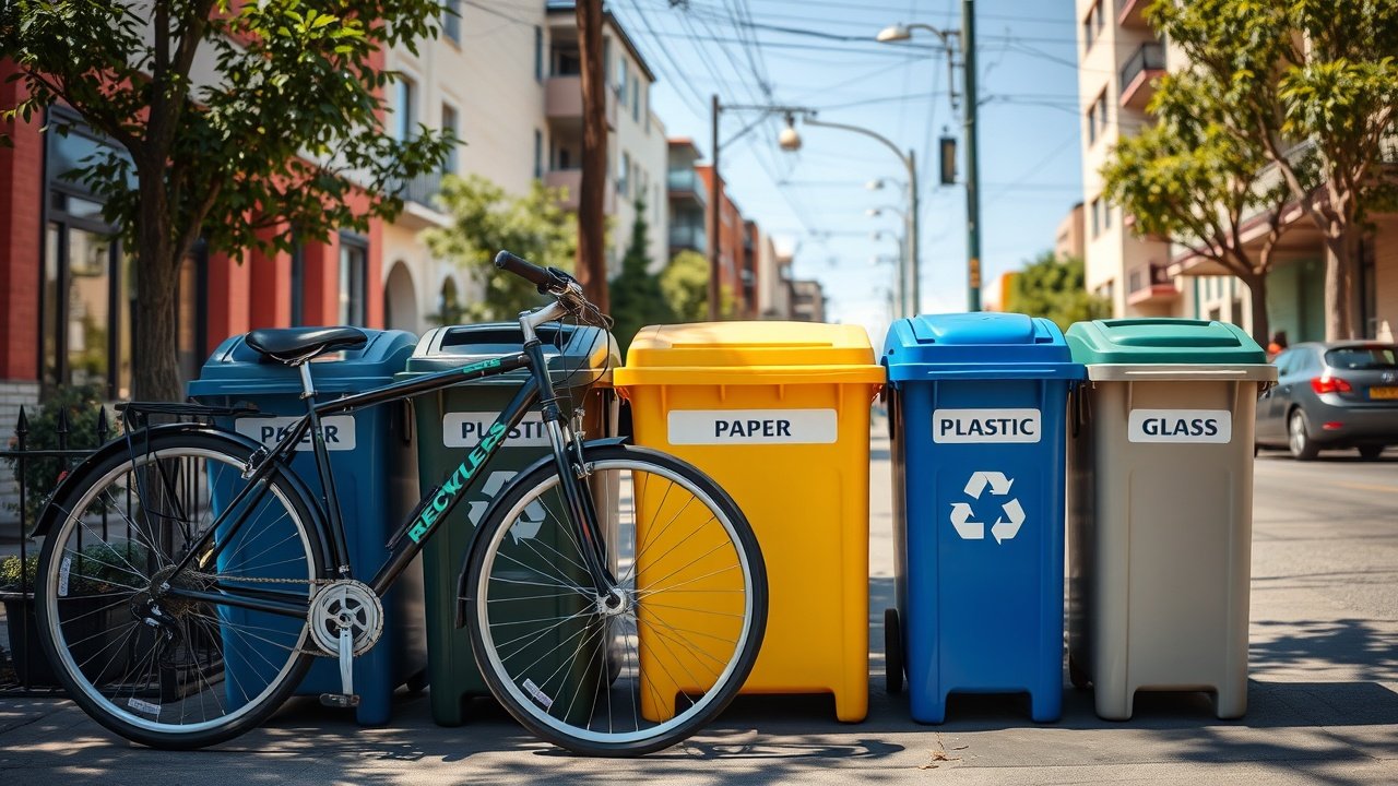 Bicycle parked beside a row of recycling bins on a sunny street, colorful bins labeled for paper, plastic, glass, urban neighborhood backdrop., No infographics and no text