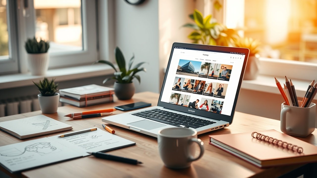 Bright home office desk with open laptop showing colorful blog images, scattered sketchpads and coffee mug under warm window light., No infographics and no text
