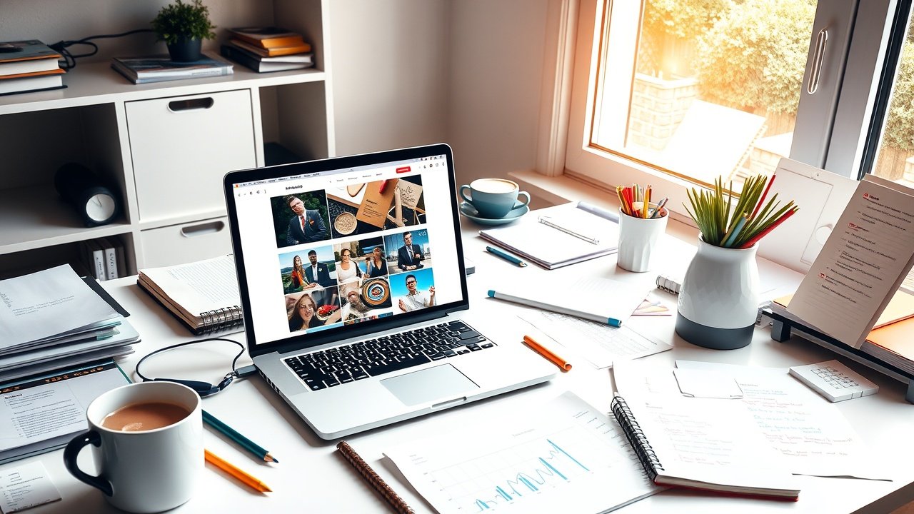 Bright modern office desk cluttered with laptop showing vibrant blog images, notebooks, coffee mug, and scattered SEO notes under warm window light., No infographics and no text