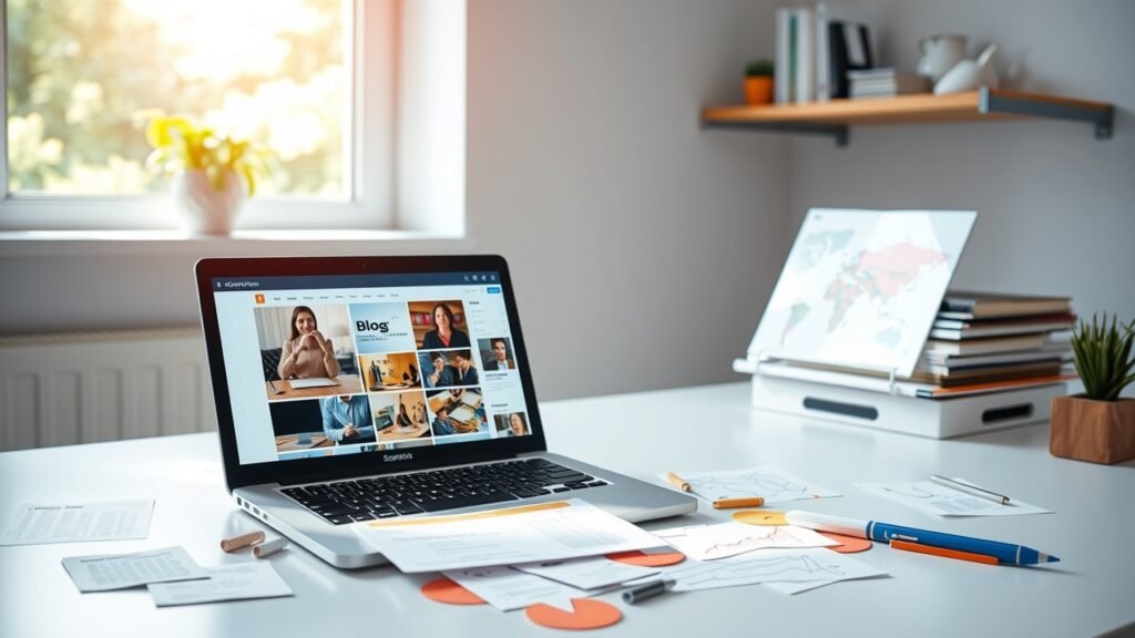 Bright office desk with laptop displaying colorful blog images, scattered notes on SEO visuals, natural window light illuminating scene., No infographics and no text