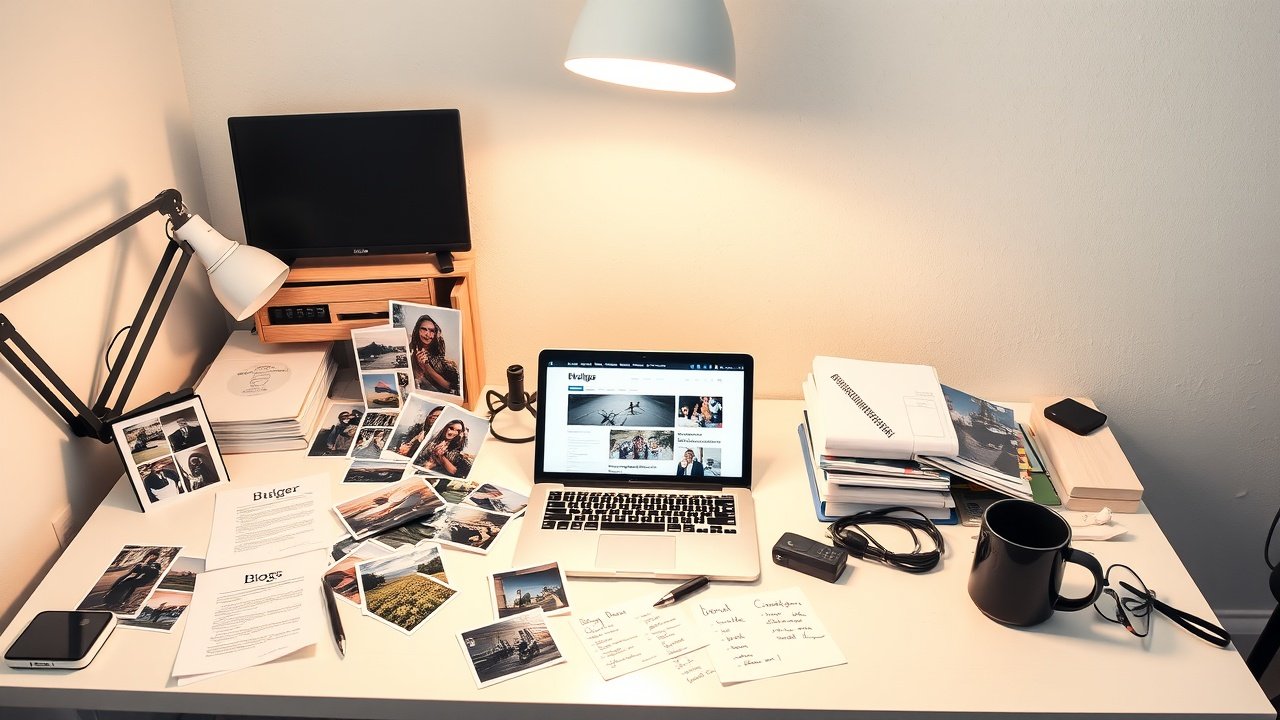 Bright studio desk cluttered with laptop displaying blog layout, scattered photographs, SEO keyword notes, and coffee mug under warm overhead light., No infographics and no text