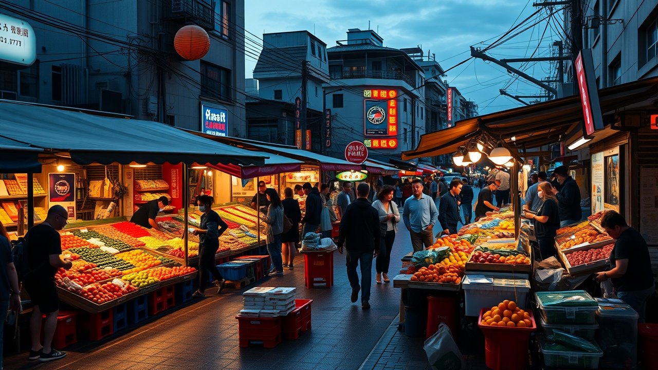 Busy city street market at dusk, vendors arranging colorful fresh produce stalls, people browsing, neon lights reflecting on wet pavement., No infographics and no text