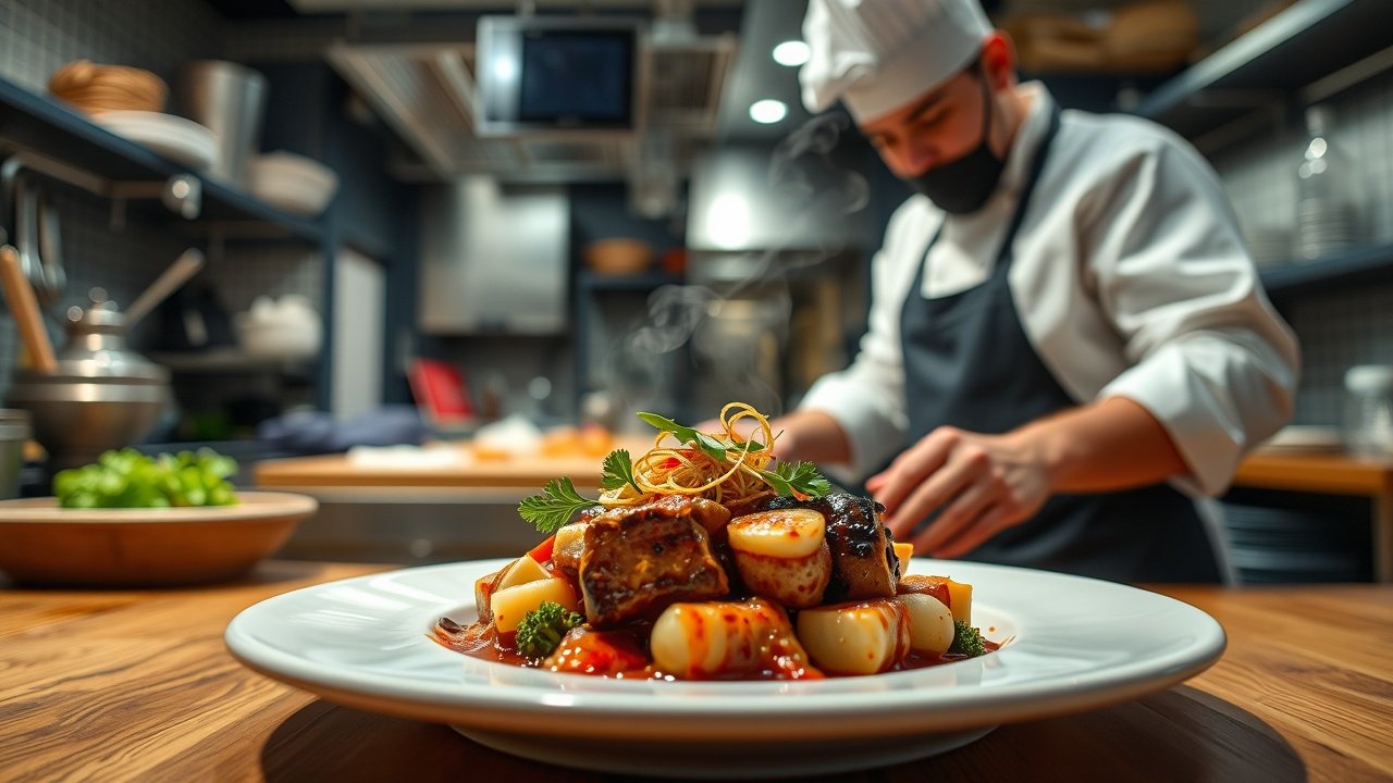 Busy kitchen scene where chef arranges plated gourmet dish on wooden table, steam rising, warm overhead lighting for appetizing food blog photo., No infographics and no text