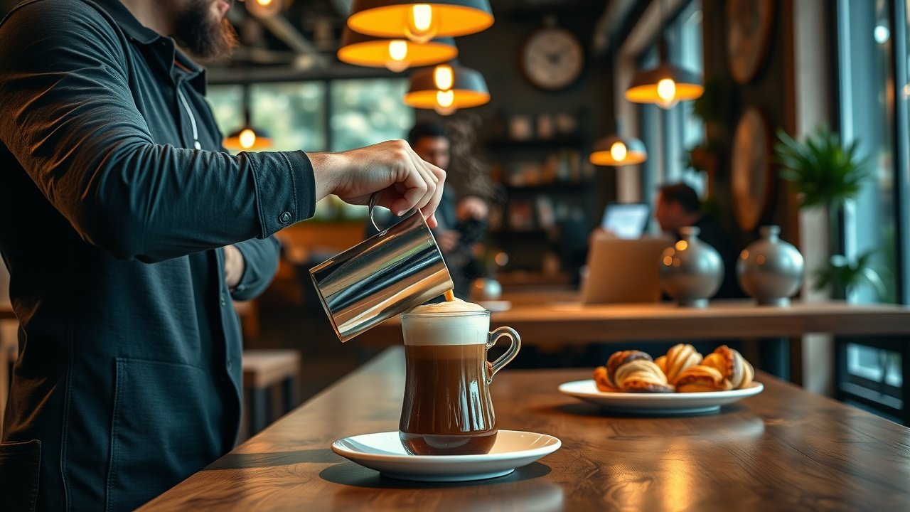 Close-up of a barista pouring steaming coffee in a cozy cafe, surrounded by wooden tables and fresh pastries under warm pendant lights., No infographics and no text