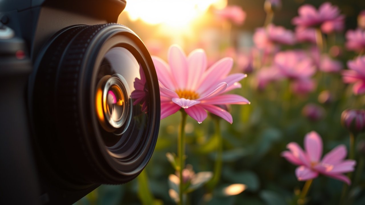 Close-up of a digital camera lens focusing on a blooming flower garden under soft golden hour light, dew drops glistening on petals, blurred green background., No infographics and no text
