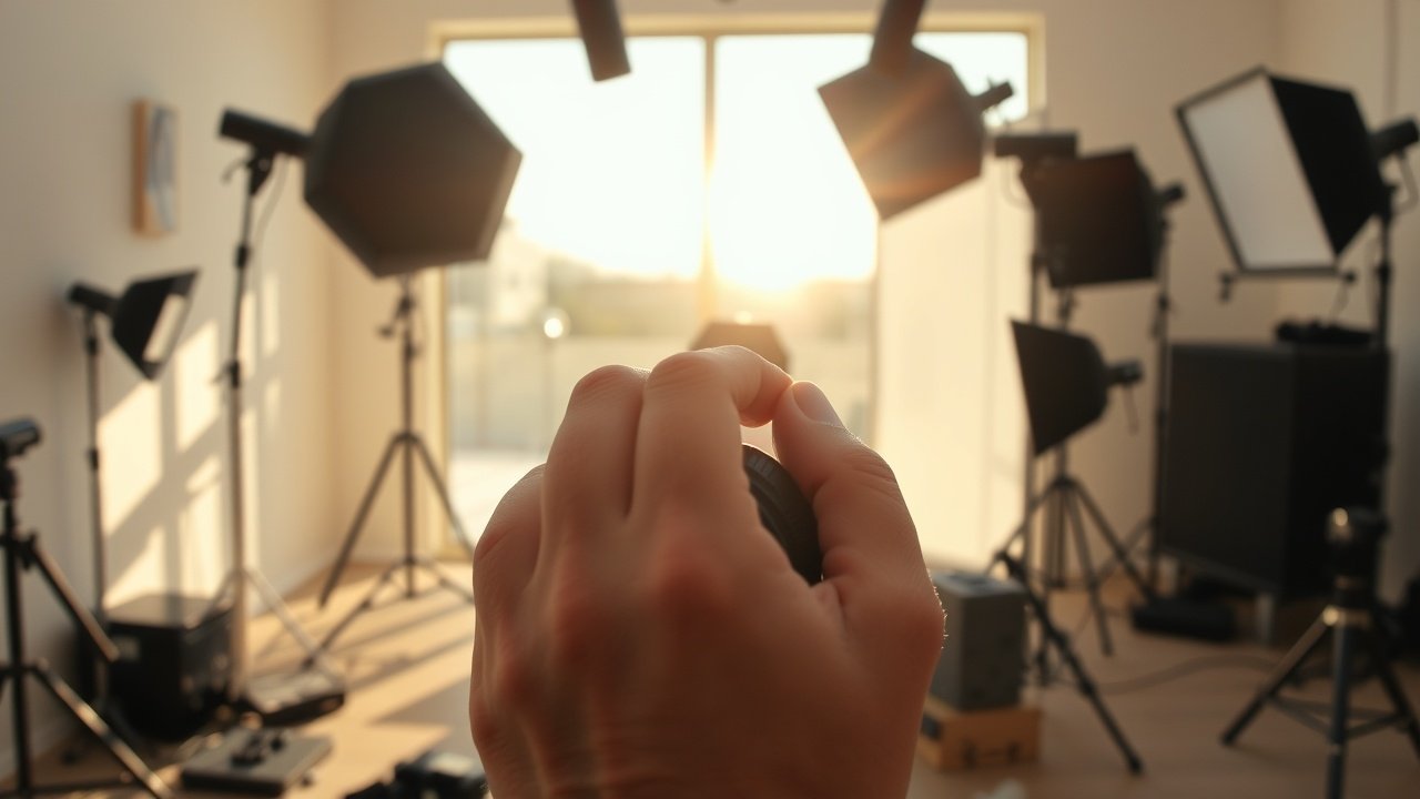 Close-up of a hand adjusting camera lens in a sunlit studio, surrounded by scattered photography equipment and softbox lights casting warm shadows., No infographics and no text