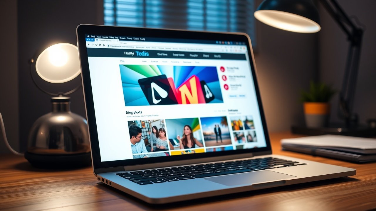 Close-up of a laptop screen displaying a vibrant blog post with colorful images, soft desk lamp lighting the wooden workspace at night., No infographics and no text