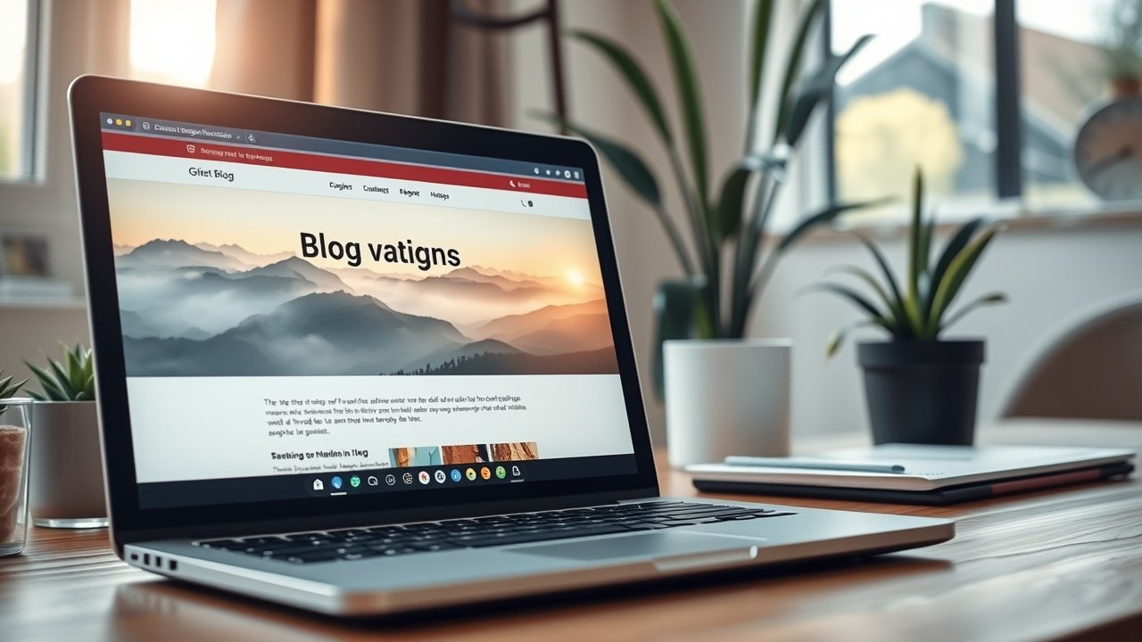Close-up of a laptop screen showing a blog post with embedded landscape photo of misty mountains at dawn, warm sunlight rays, cozy office setting with plants, detailed realistic shot., No infographics and no text