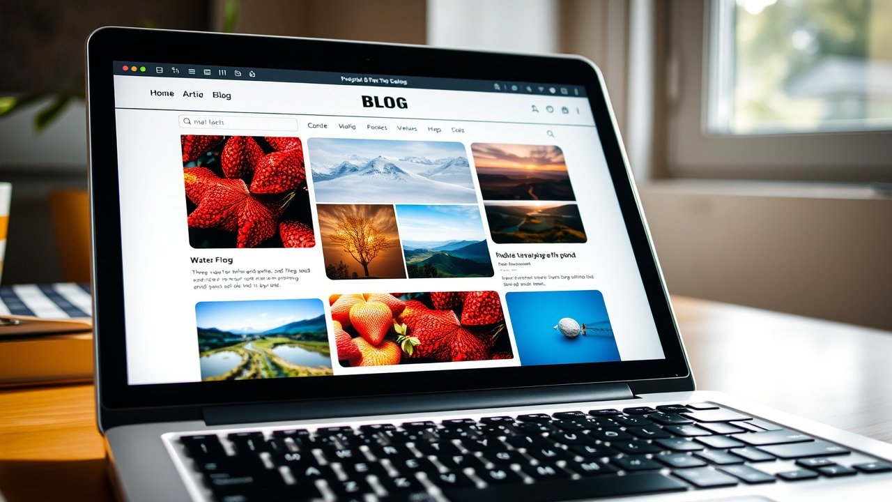 Close-up of a laptop screen showing a blog post with embedded vibrant photographs, natural window light illuminating keyboard., No infographics and no text