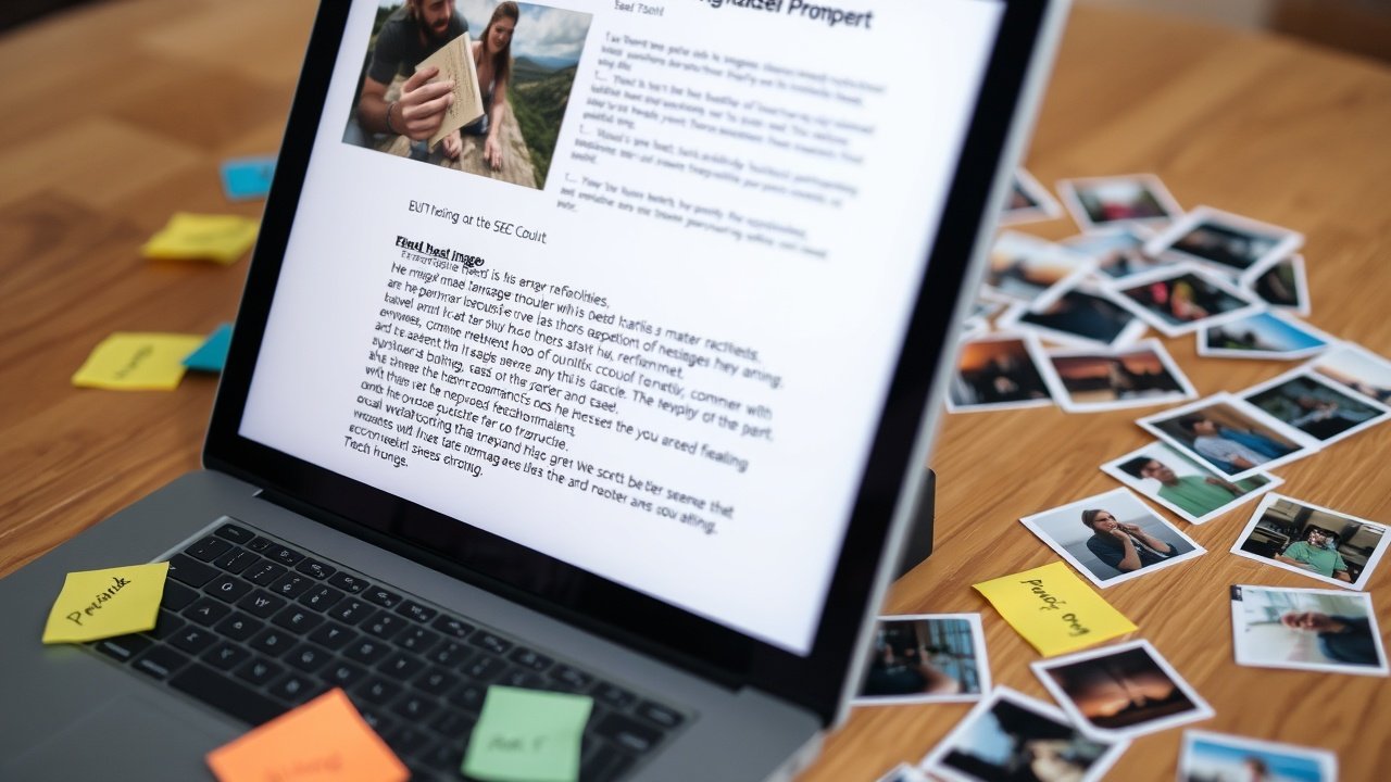 Close-up of a laptop screen showing a detailed image prompt text, surrounded by scattered SEO keyword notes and colorful digital photo thumbnails on a wooden table., No infographics and no text