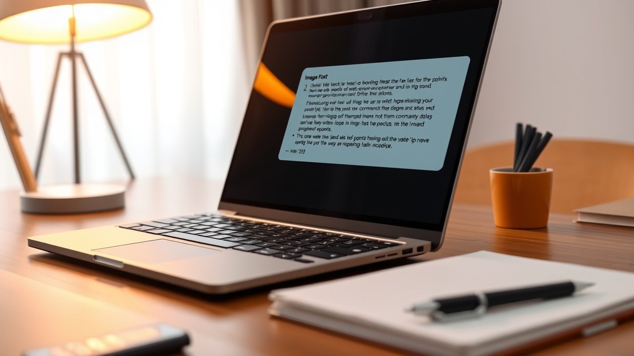 Close-up of a laptop screen showing detailed image prompt text, keyboard and notebook nearby, warm desk lamp casting soft glow, wooden table setting in quiet home office., No infographics and no text