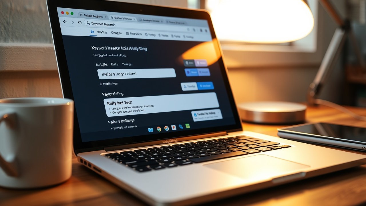 Close-up of a laptop screen showing keyword research tools analyzing image alt text, coffee mug nearby on wooden desk, warm desk lamp illuminating the workspace., No infographics and no text