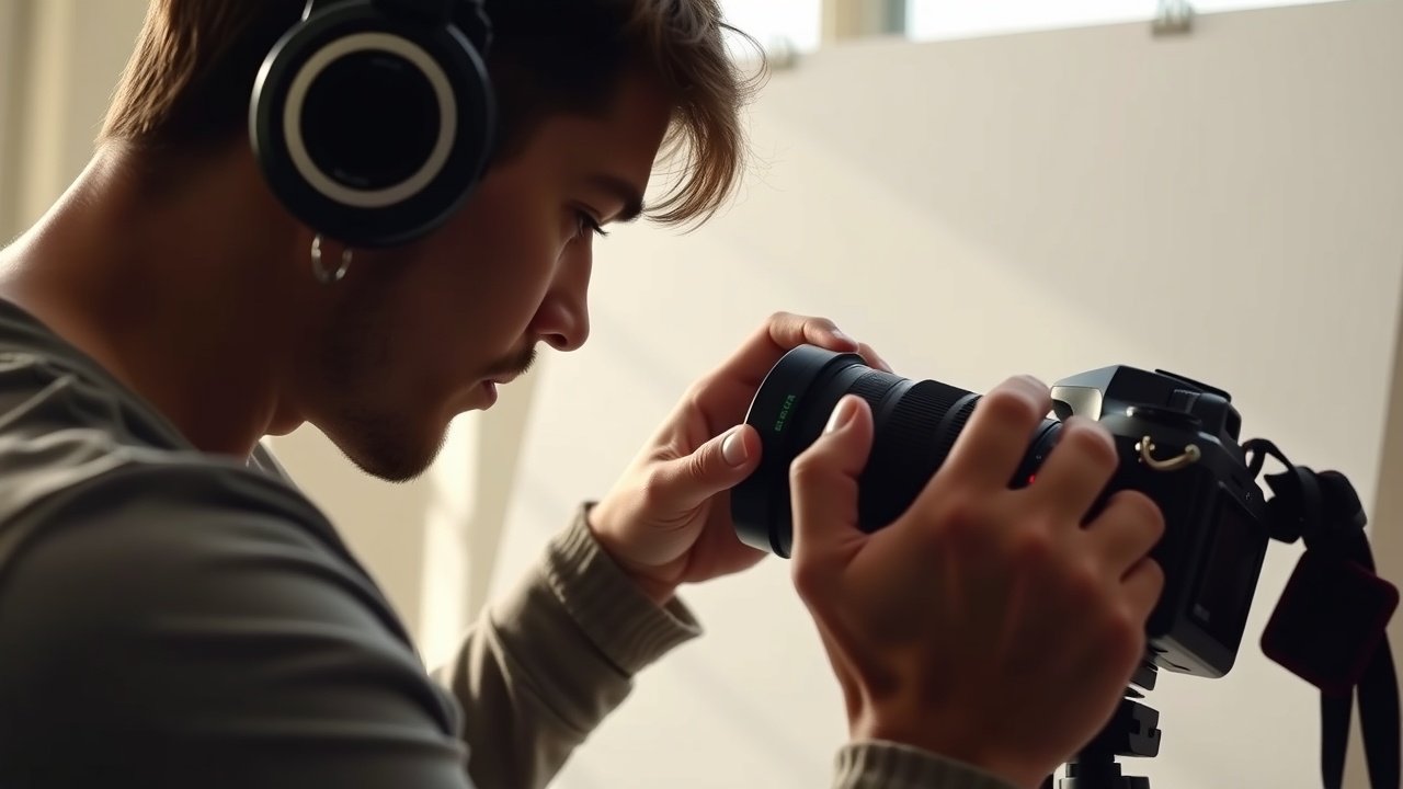 Close-up of a photographer adjusting camera lens in a sunlit studio, focusing on a blank canvas, soft shadows and natural light highlighting equipment details., No infographics and no text