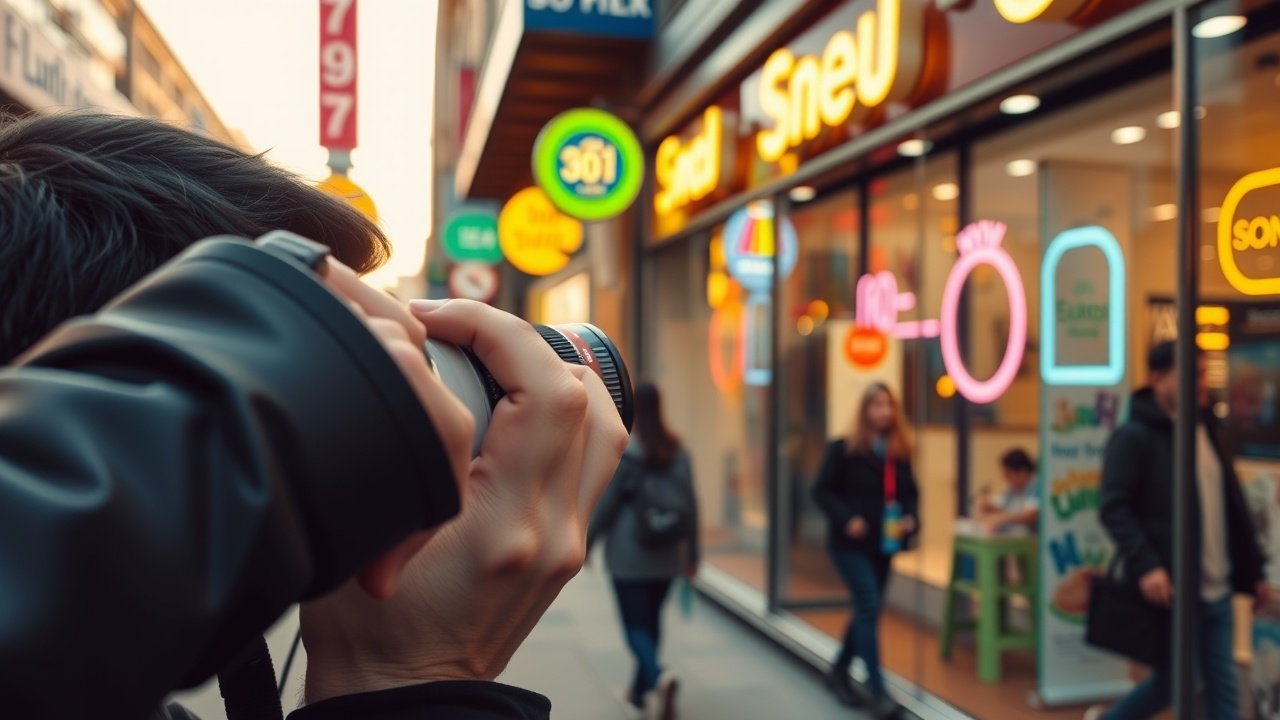 Close-up of a photographer adjusting camera lens in a bustling urban street, capturing a storefront window display with neon signs and passing pedestrians, golden hour lighting., No infographics and no text