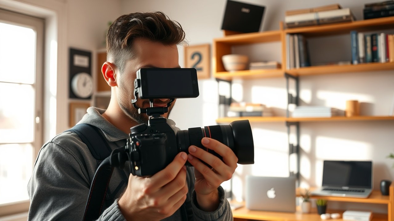 Close-up of a photographer adjusting camera settings in a sunlit studio, surrounded by props like books and laptops on wooden shelves., No infographics and no text
