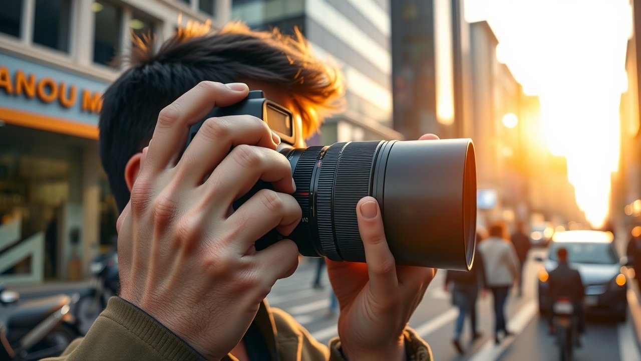 Close-up of a photographer adjusting camera lens in a bustling city street at golden hour, capturing dynamic urban scenes for blog visuals., No infographics and no text