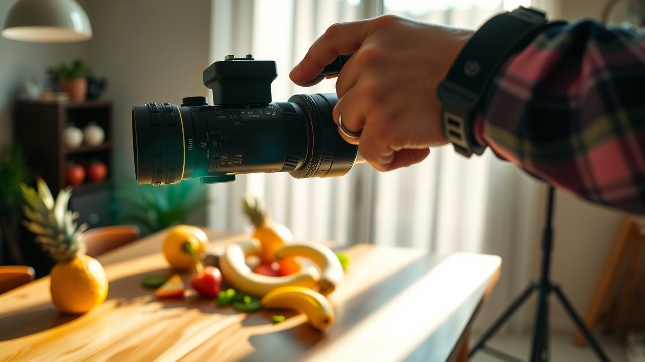 Close-up of a photographer adjusting camera settings in a sunlit studio, capturing a fresh fruit arrangement on a wooden table, soft shadows and colorful highlights., No infographics and no text