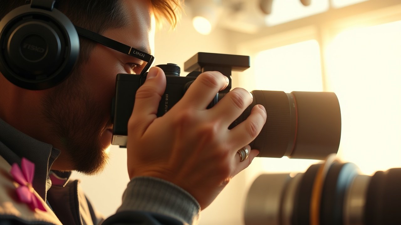 Close-up of a photographer adjusting camera lens in a sunlit studio, focused on capturing a product shot, warm overhead lighting highlighting metallic surfaces., No infographics and no text