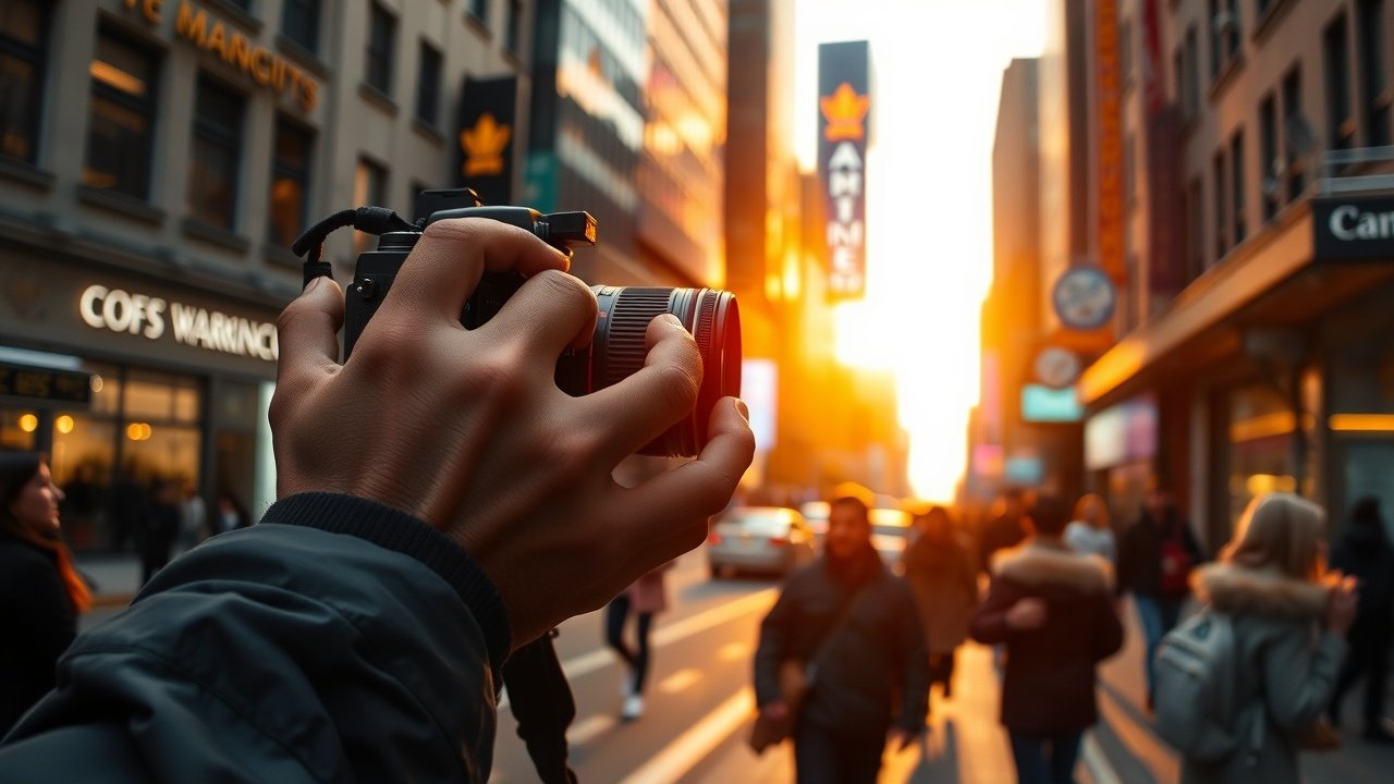 Close-up of a photographer adjusting camera lens in a bustling city street at golden hour, capturing sharp images of passersby and neon signs reflecting on wet pavement., No infographics and no text