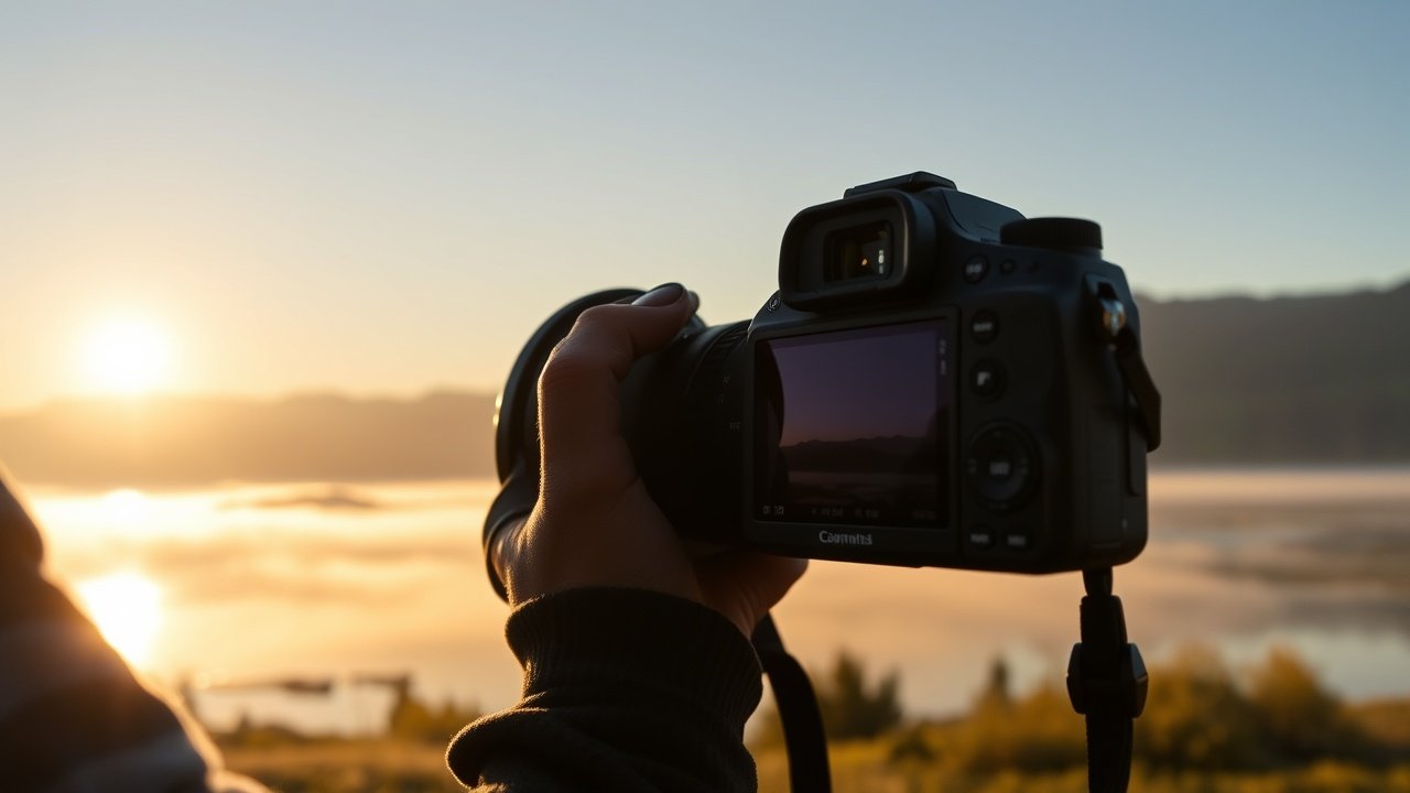 Close-up of a photographer capturing a serene landscape at golden hour, with mist rising from a lake and mountains in the background, camera in sharp focus., No infographics and no text