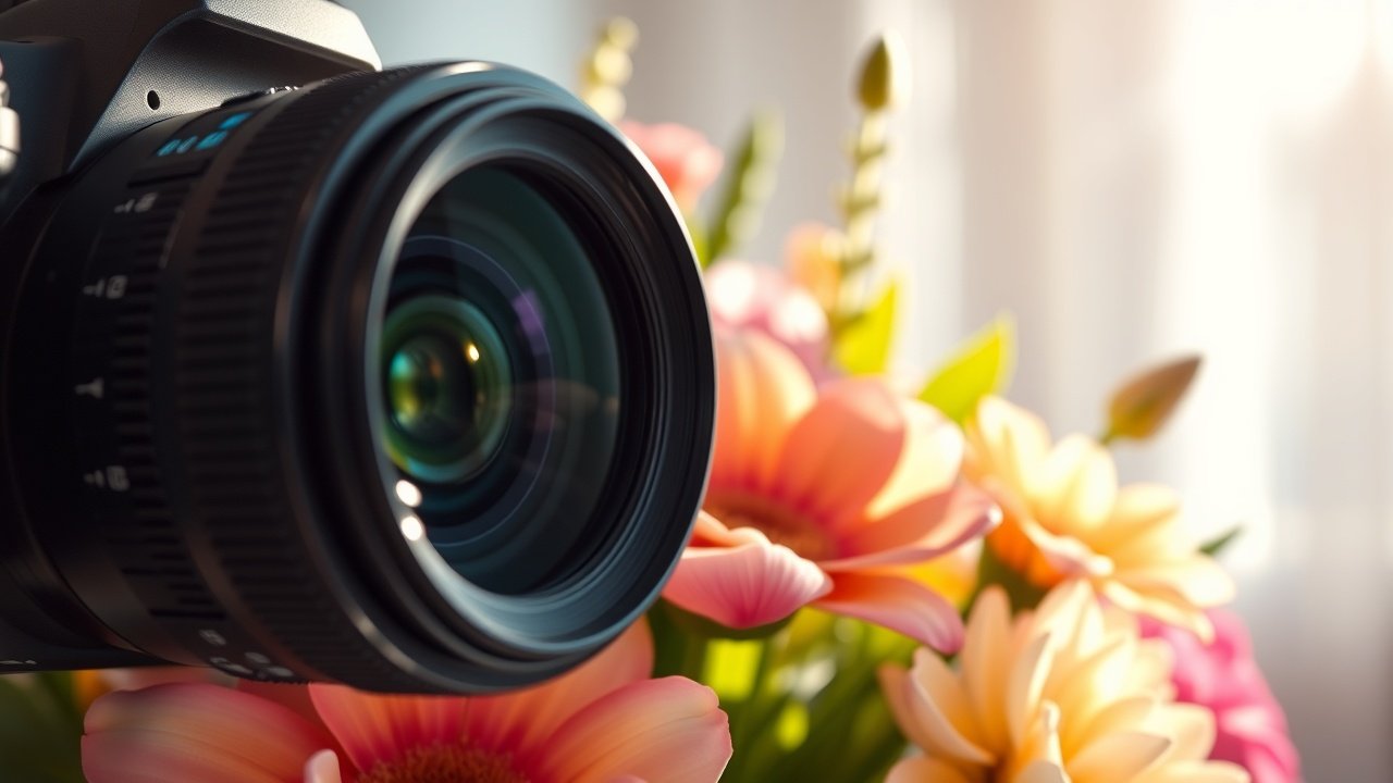 Close-up of a professional camera lens focusing on a fresh flower arrangement in a sunlit studio, soft shadows highlighting petals and dew drops., No infographics and no text
