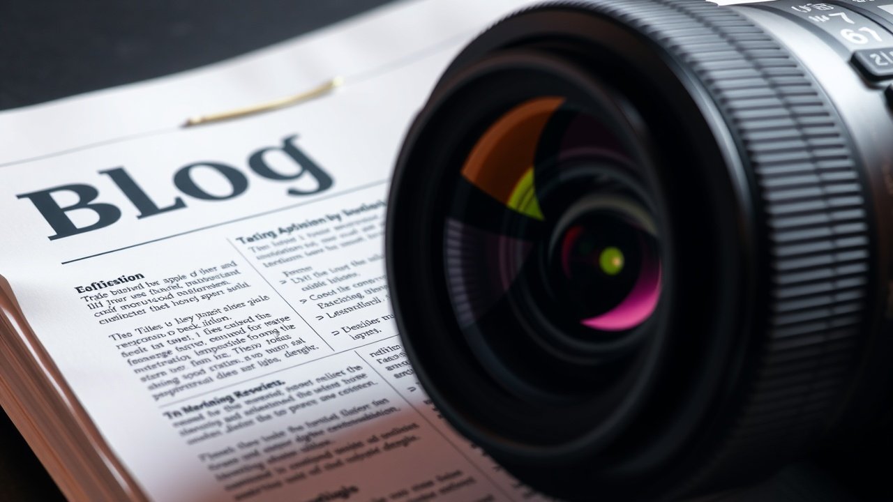 Close-up of a professional camera lens focusing on a colorful printed blog page layout, soft studio lighting highlighting textures and fonts on paper., No infographics and no text