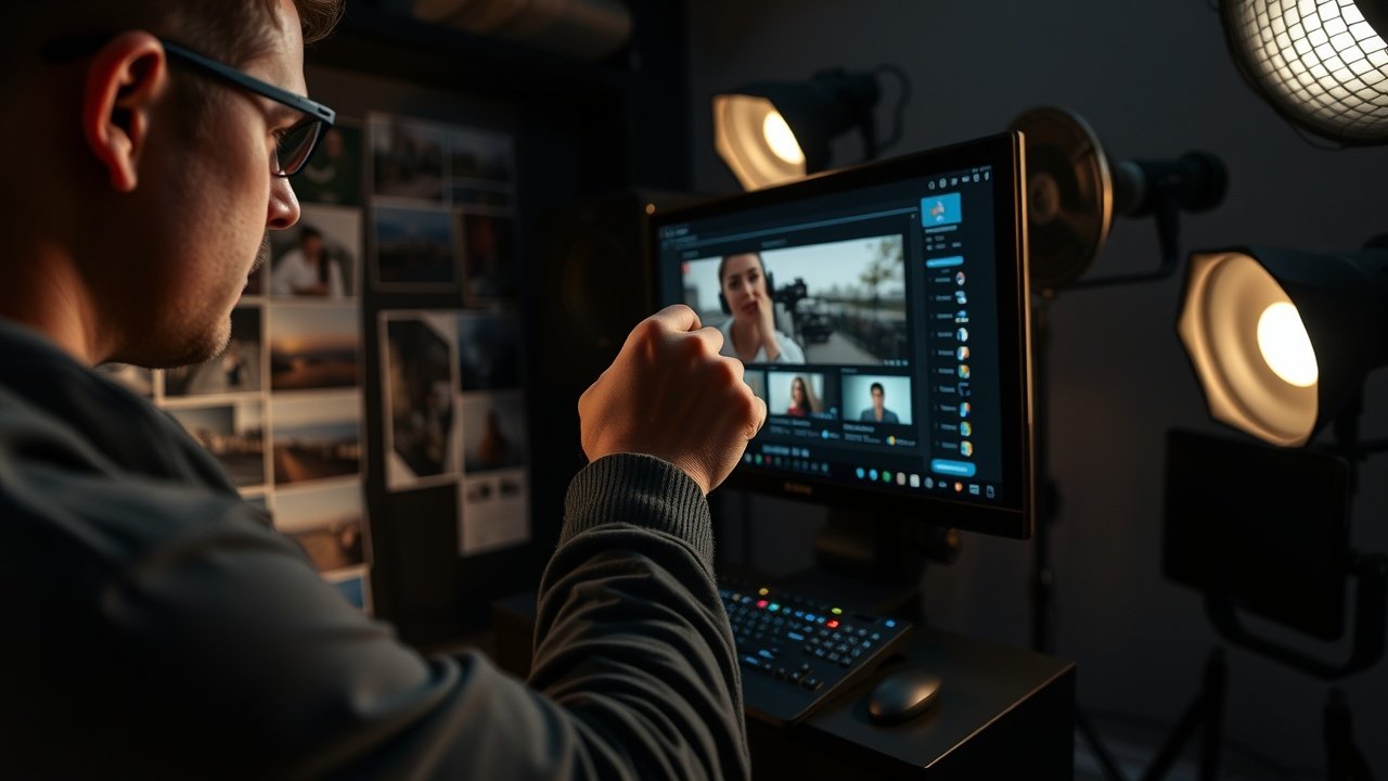 Close-up of a professional editor adjusting photo exposure on a large screen in a dimly lit studio, surrounded by printed blog images and lighting equipment., No infographics and no text