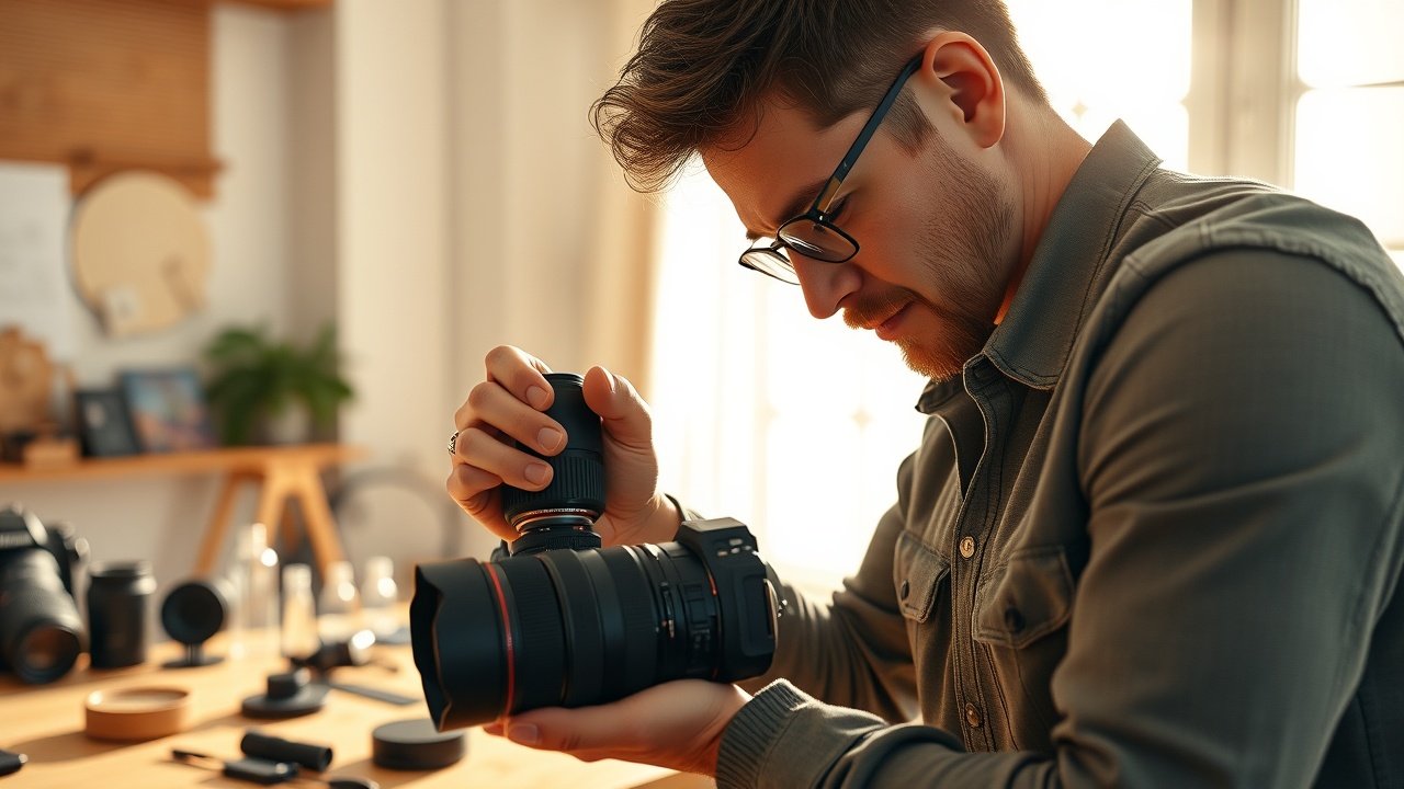 Close-up of a professional photographer adjusting camera lens in a sunlit studio, focused expression, scattered props on wooden table, warm natural light, No infographics and no text