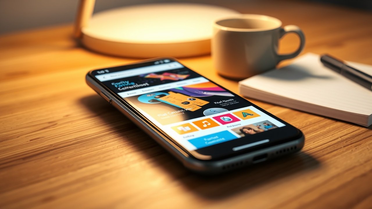 Close-up of a smartphone screen displaying a colorful website on a wooden desk, surrounded by coffee mug and notebook under warm lamp light., No infographics and no text