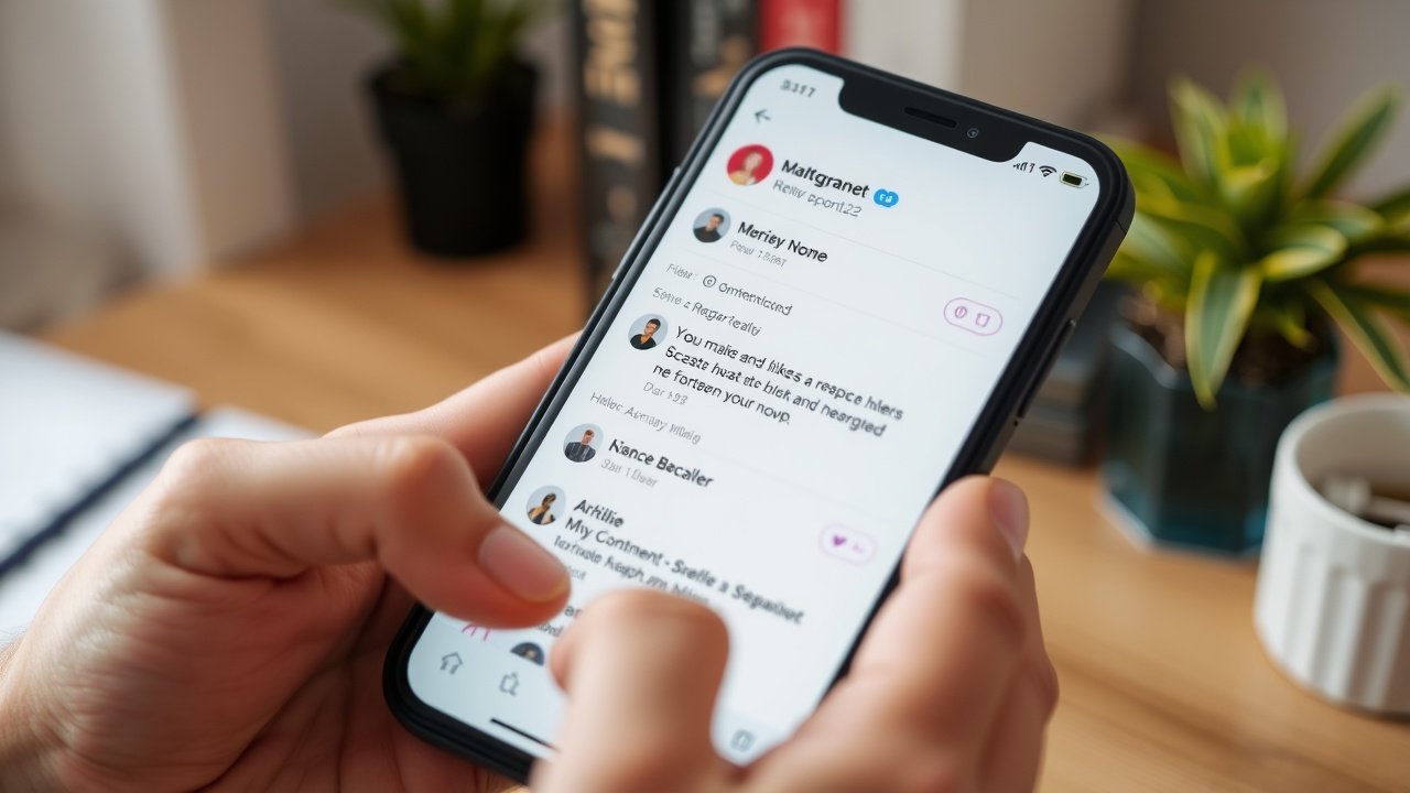 Close-up of a smartphone screen held in hand, showing a social media feed with likes and comments, soft indoor lighting on wooden desk., No infographics and no text