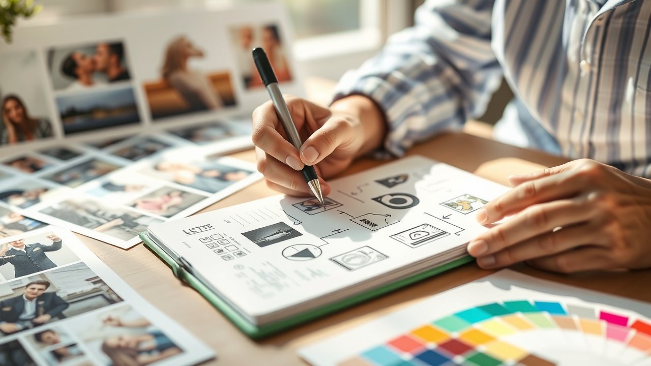 Close-up of a strategist sketching detailed image ideas on a notepad in a sunlit workspace, surrounded by printed photographs and color swatches., No infographics and no text