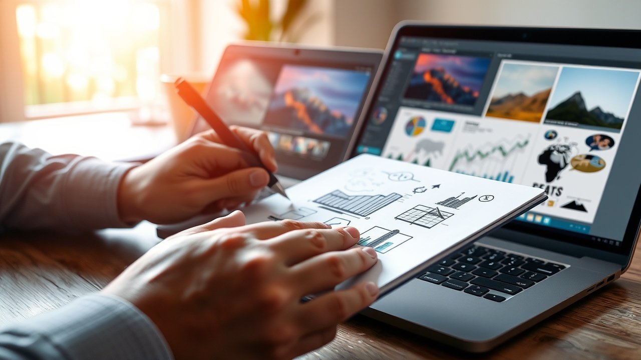 Close-up of a strategist sketching detailed image concepts on a notepad beside a laptop showing photo editing software in a sunlit workspace., No infographics and no text