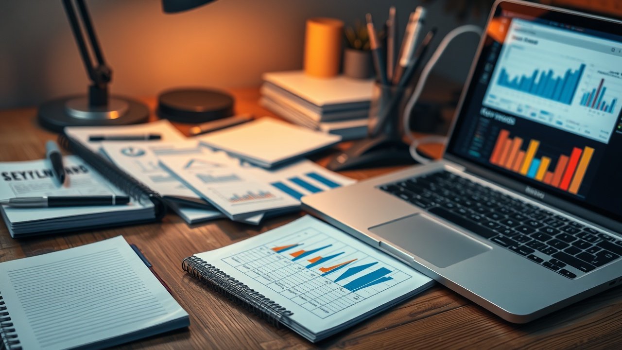 Close-up of a wooden workbench cluttered with SEO tools like keyword notebooks, graphs on paper, and a laptop displaying analytics charts under warm desk lamp light., No infographics and no text