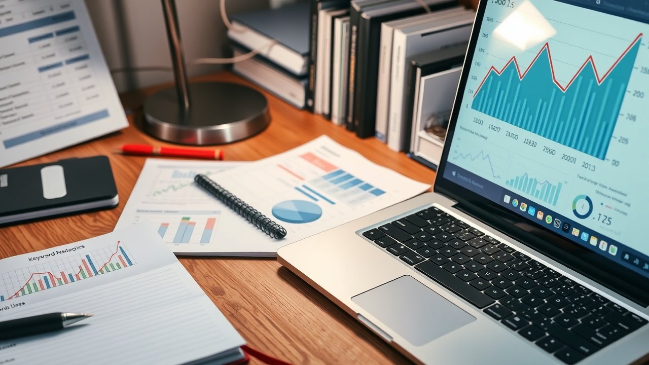 Close-up of a wooden workbench cluttered with SEO tools like keyword notebooks, graphs on paper, and a laptop screen showing rising chart lines under focused desk lamp., No infographics and no text