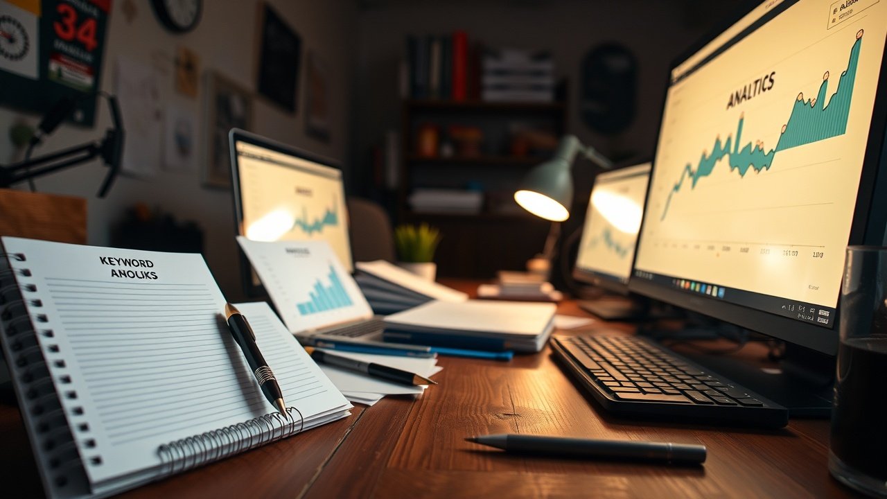 Close-up of a wooden workbench cluttered with SEO tools like keyword notebooks, analytics charts, and glowing computer screens in a dimly lit home office., No infographics and no text