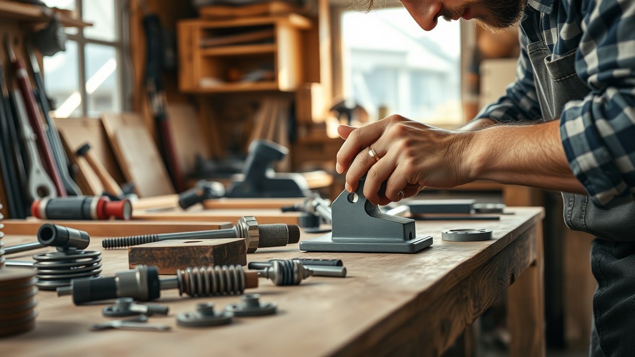 Close-up of a wooden workbench in a sunlit workshop, scattered tools and half-assembled gadgets, artisan's hands sanding a metal piece with focused expression., No infographics and no text