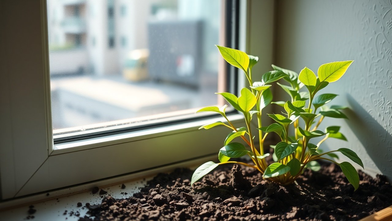 Close-up of fresh green plant in urban window sill, soft morning sunlight filtering through glass, soil and leaves detailed., No infographics and no text