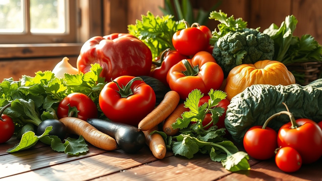 Close-up of fresh organic vegetables arranged colorfully on a wooden farm table, sunlight streaming through a window highlighting dew drops., No infographics and no text