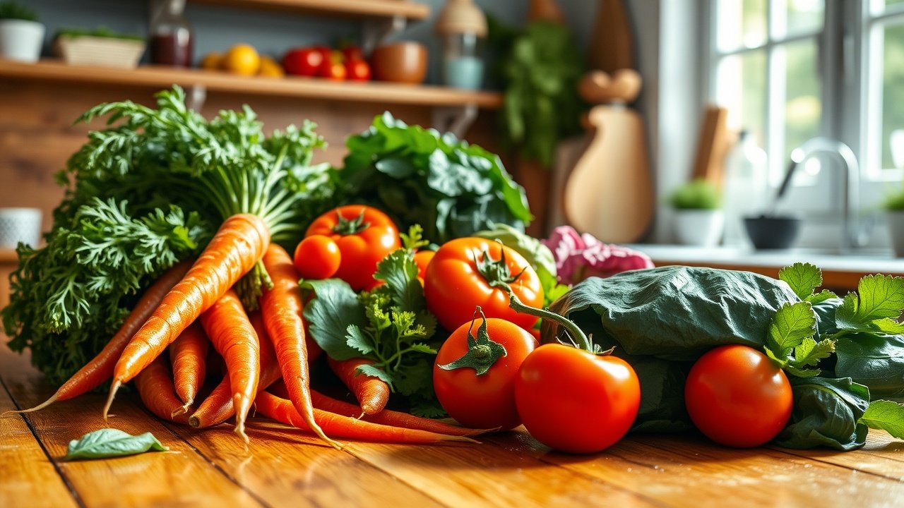 Close-up of fresh vegetables on wooden table in sunlit kitchen, colorful carrots, tomatoes, and greens arranged neatly, water droplets glistening., No infographics and no text