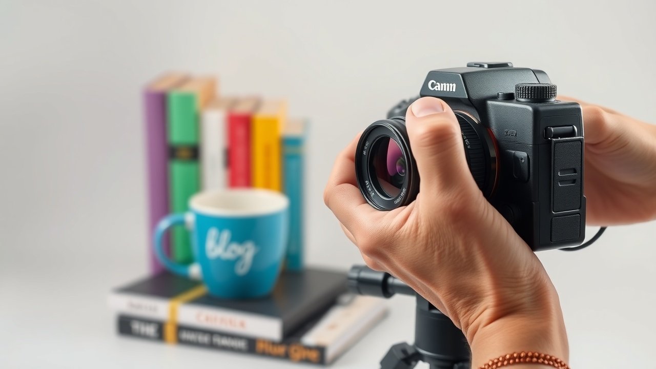 Close-up of hands adjusting camera lens on tripod, focusing on colorful blog-themed props like books and coffee mug, soft studio lighting., No infographics and no text