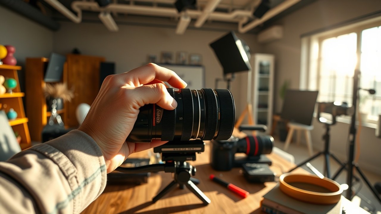 Close-up of hands adjusting camera lens in sunlit studio, surrounded by colorful props and lighting equipment on wooden table., No infographics and no text